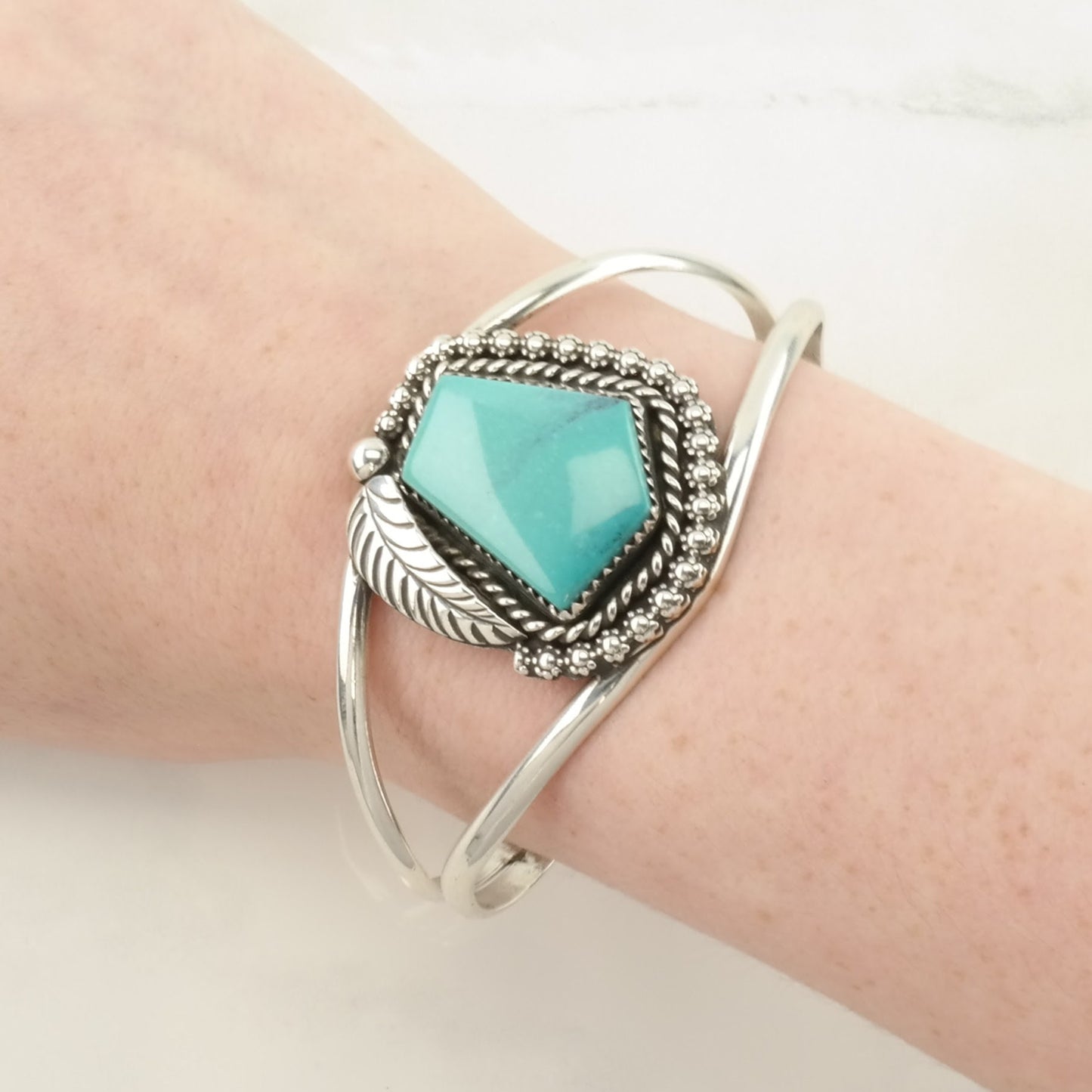 Native American Sterling Silver Cuff Bracelet Blue Turquoise Leaf