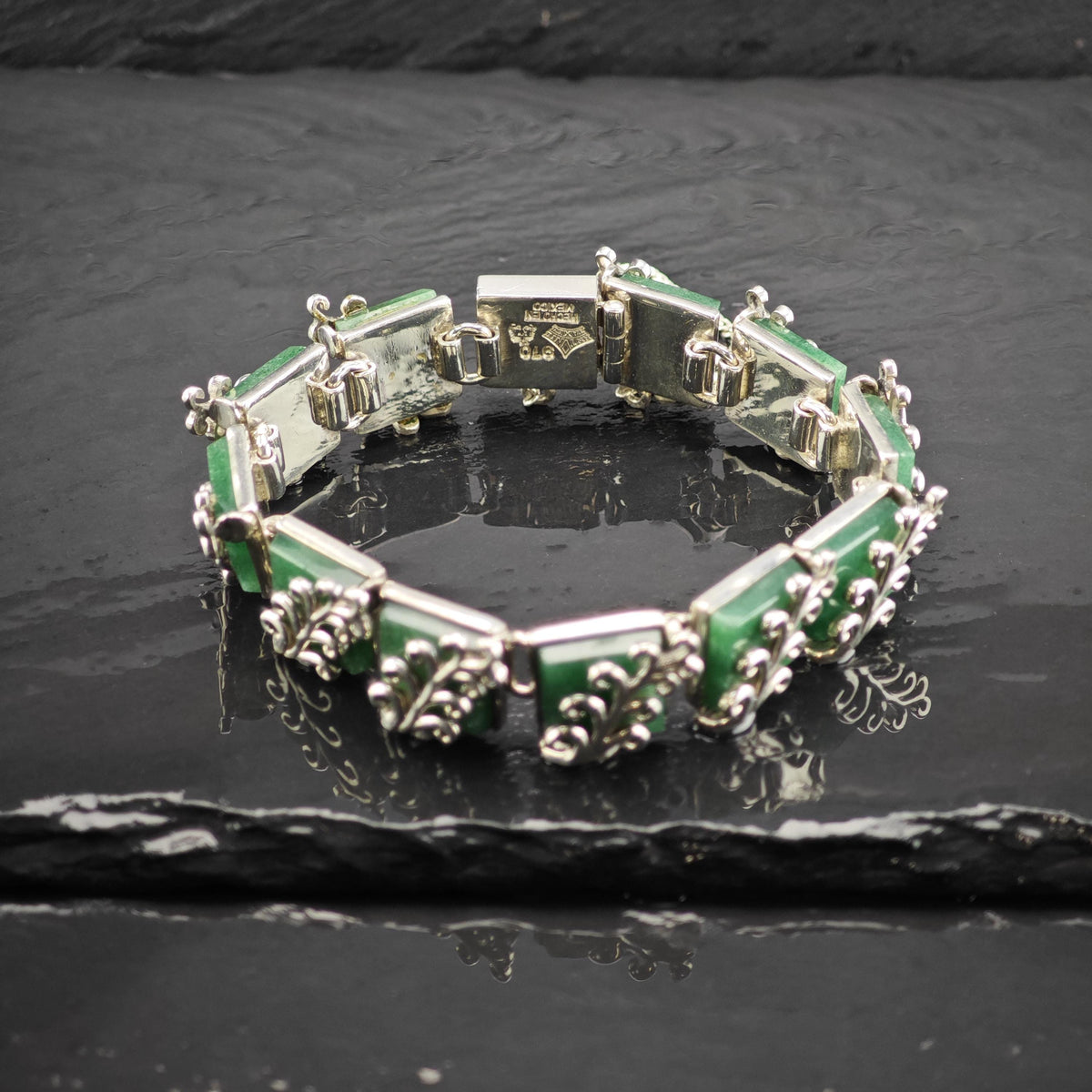 Antonio Pineda Green Gemstone Panel Link Bracelet Sterling Silver Sz 6 3/4" BR3171