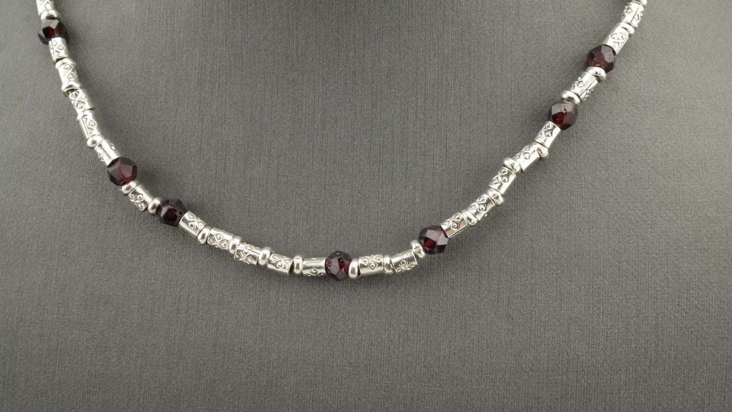 Vintage Sterling Silver and Garnet Bead Necklace