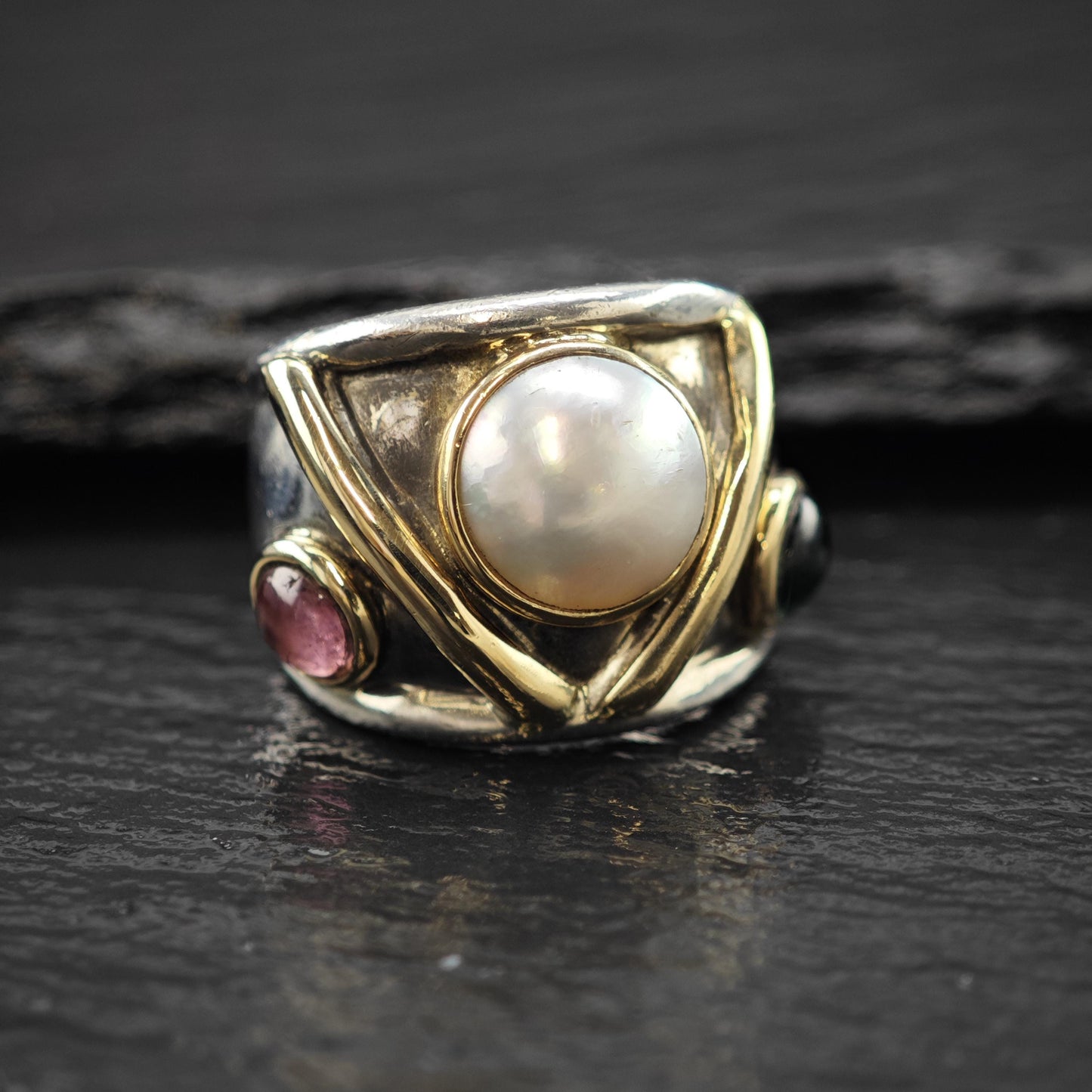 Pearl, Tourmaline Gold Accent Ring Sterling Silver Sz 6