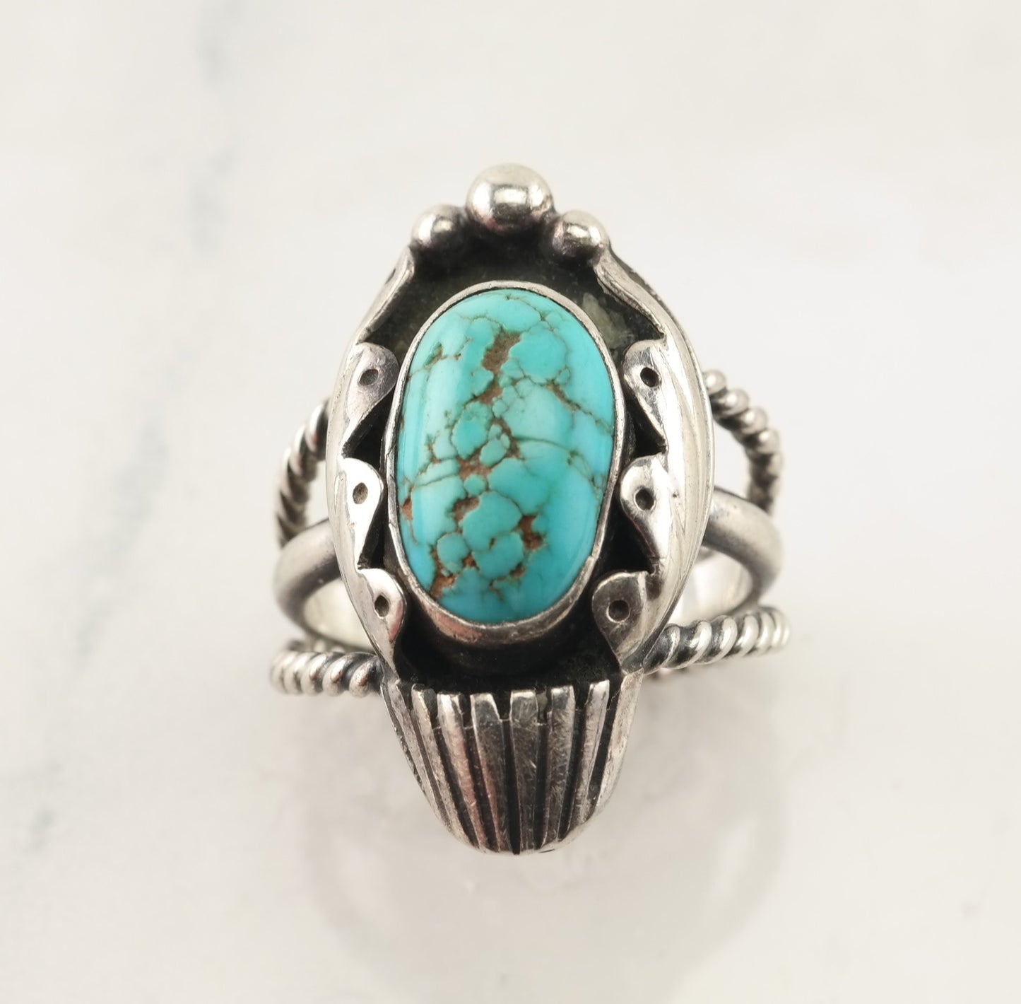 Native American Silver Ring Spiderweb Turquoise Shadowbox Sterling Size 7 1/2