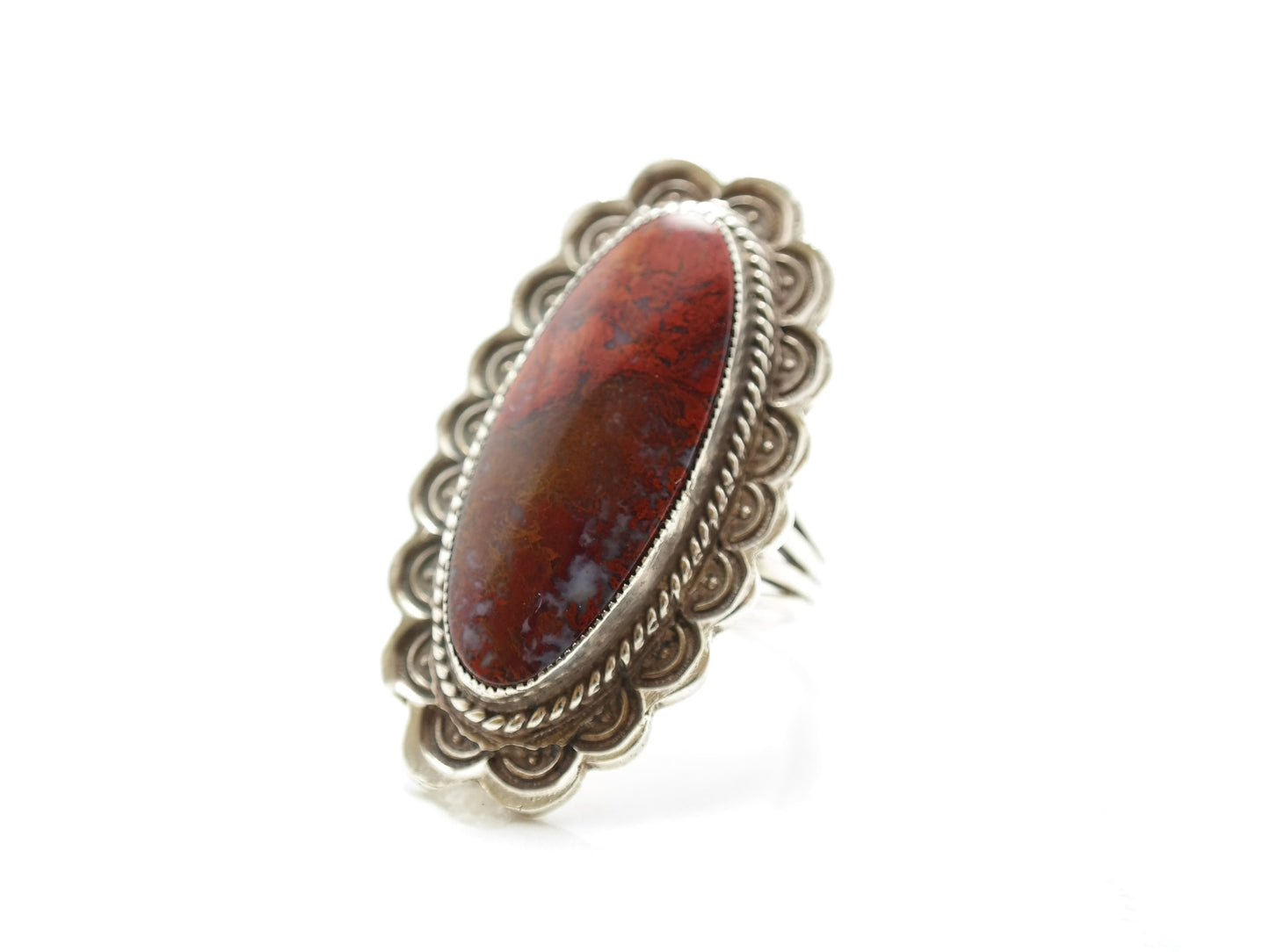 Vintage Native American Agate Ring Sterling Silver Scallop Size 8 1/4