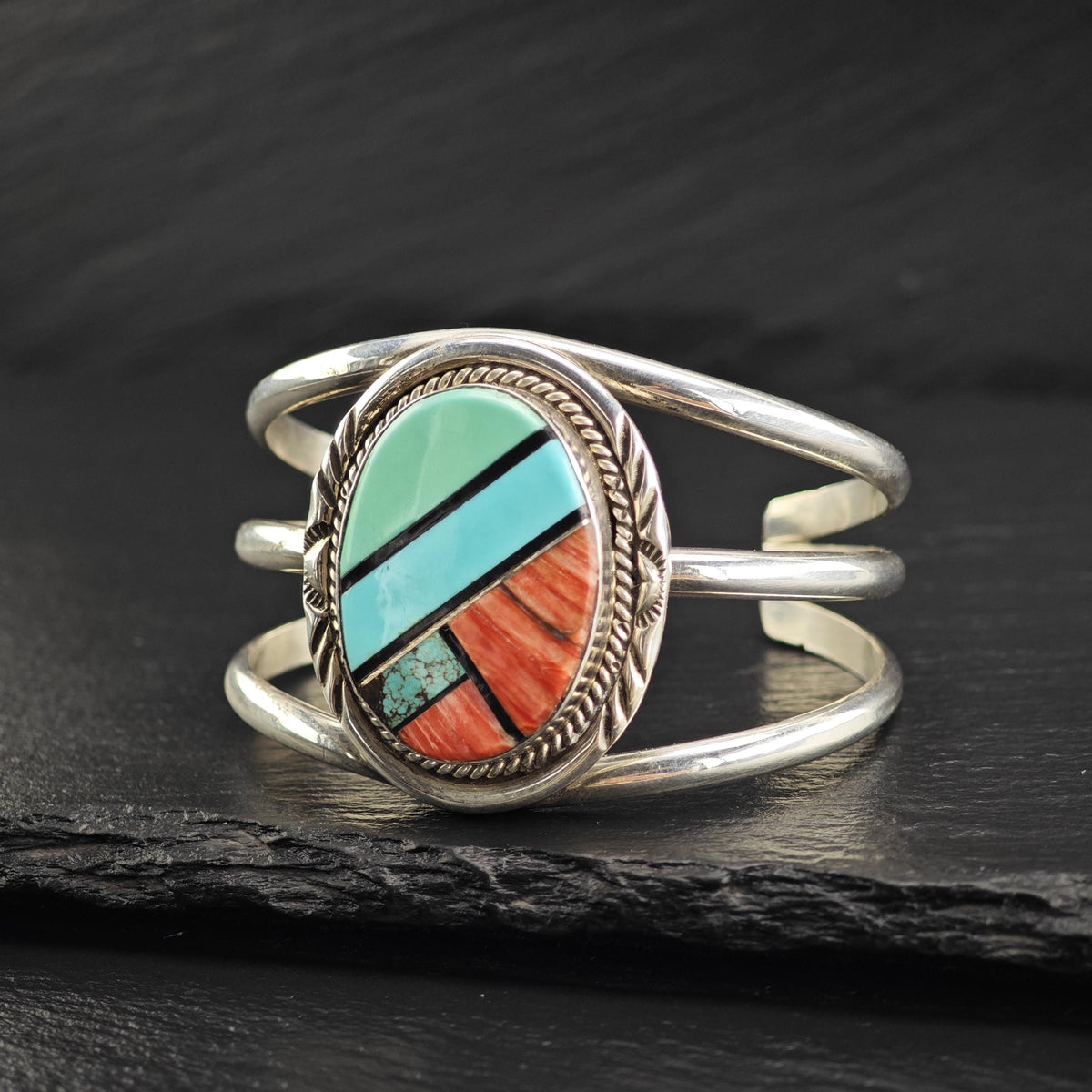 AS IS Turquoise & Spiny Oyster Inlay Sterling Silver Cuff Sz 5 3/4" BR3139