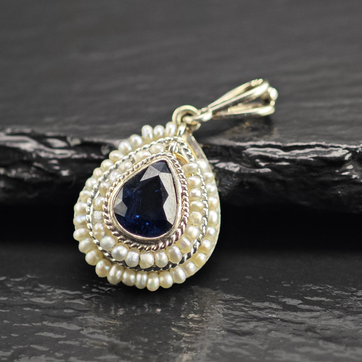 Victorian Natural Sapphire Seed Pearl, 14K White Gold Pendant P3107