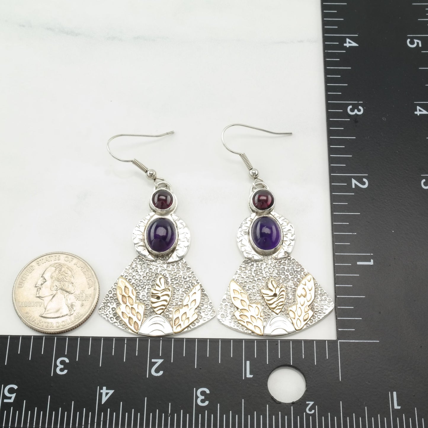 Vintage Studio Gold tone Amethyst, Garnet, Large Angel Shape Sterling Silver Fish Hook Earrings