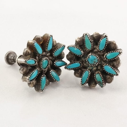 Zuni Sterling Silver Turquoise Cluster Earrings Screw back