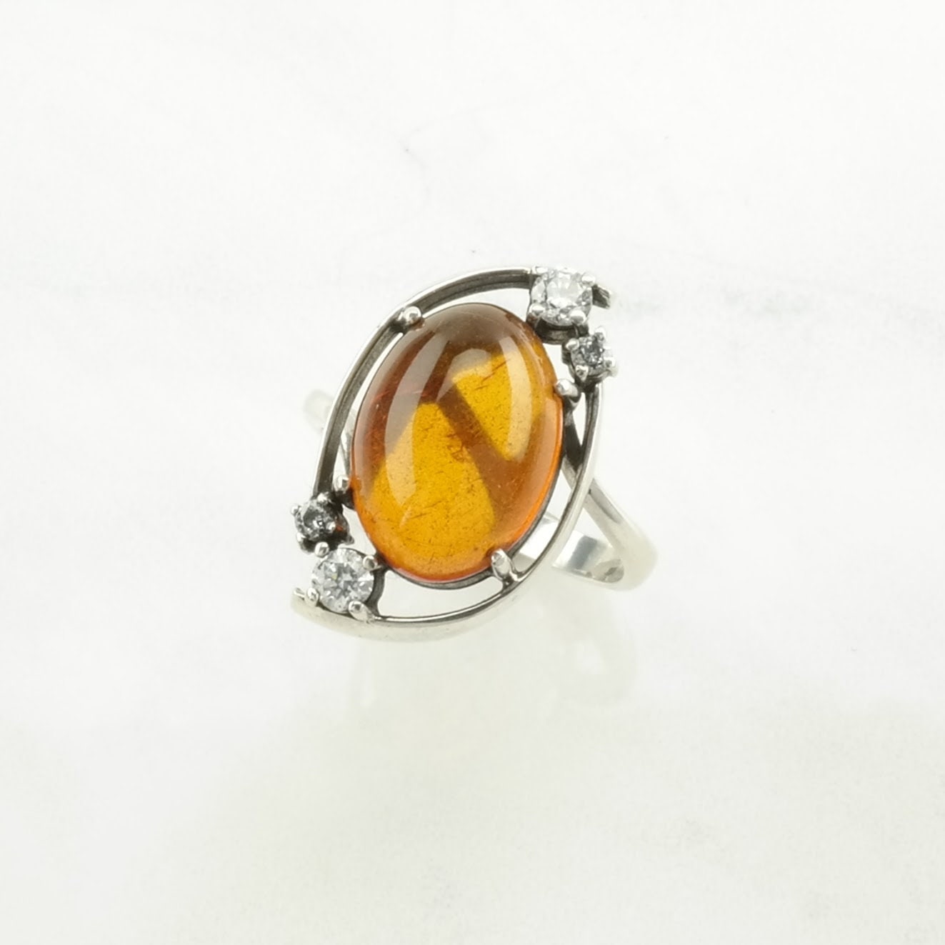 Soviet Silver Ring Amber CZ Sterling Orange Size 7 1/4