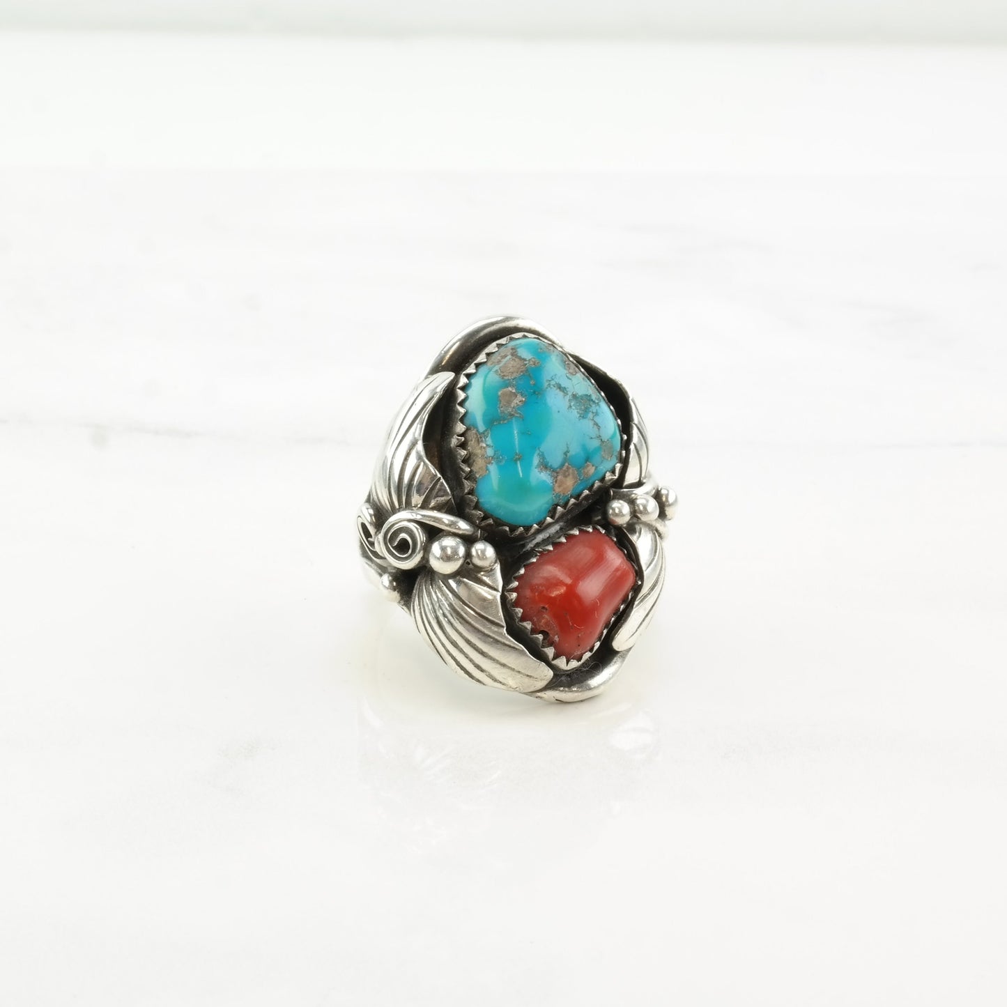 Native American Silver Ring Turquoise Coral Leaf Sterling Size 7 1/4