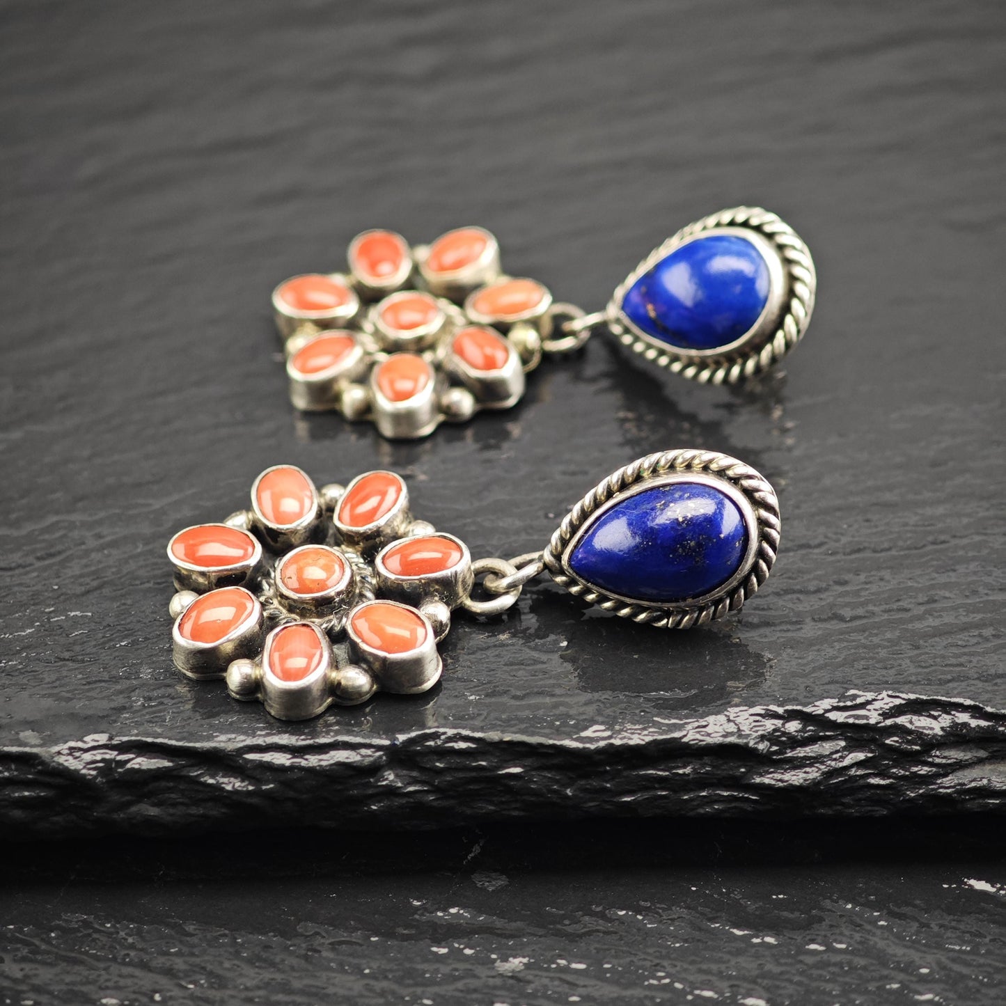 SW Lapis & Coral Floral Stud/Dangle Sterling Silver Earrings ER3170