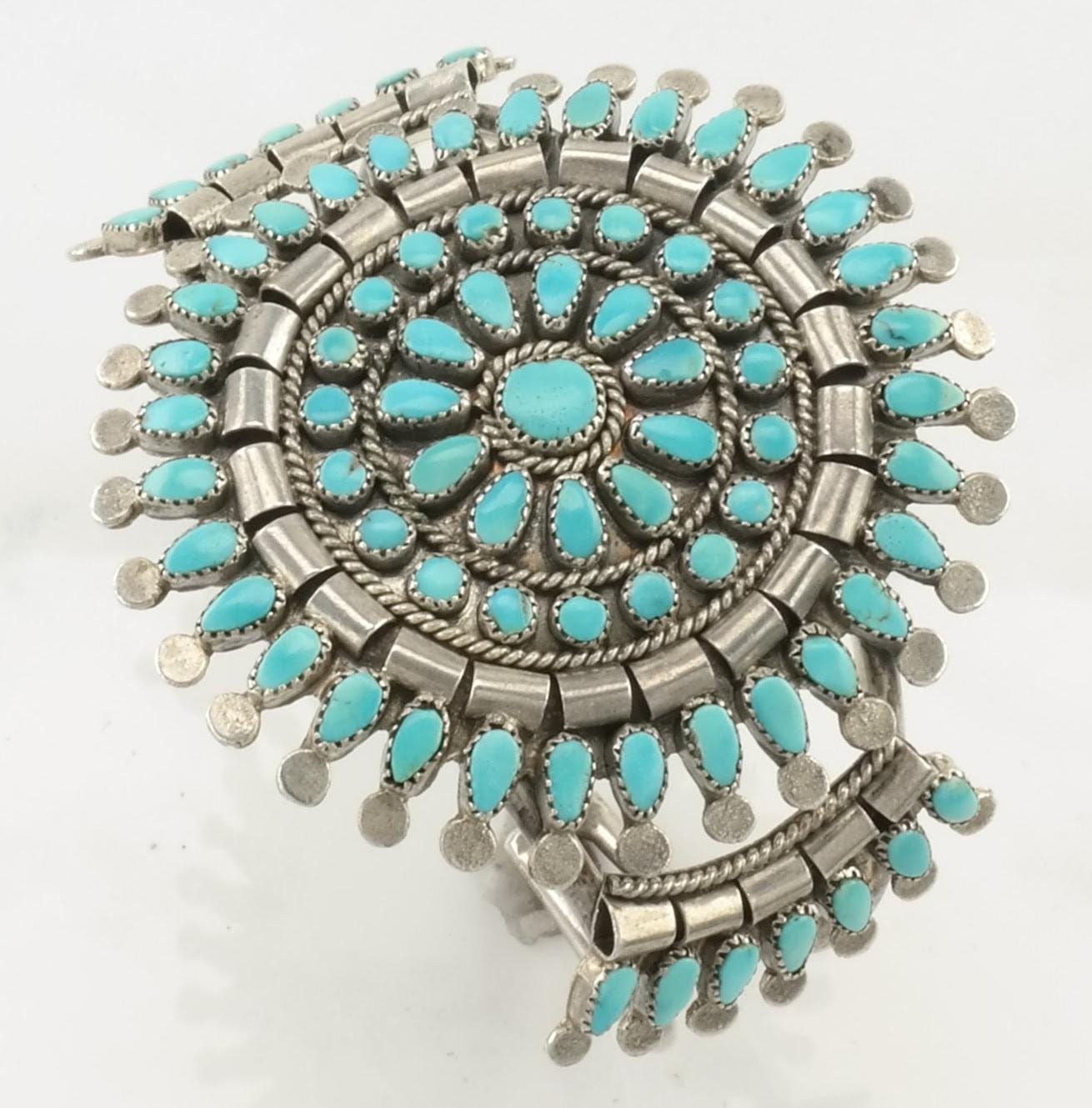 Native American Zuni Sterling Silver Cuff Bracelet Blue Turquoise Cluster