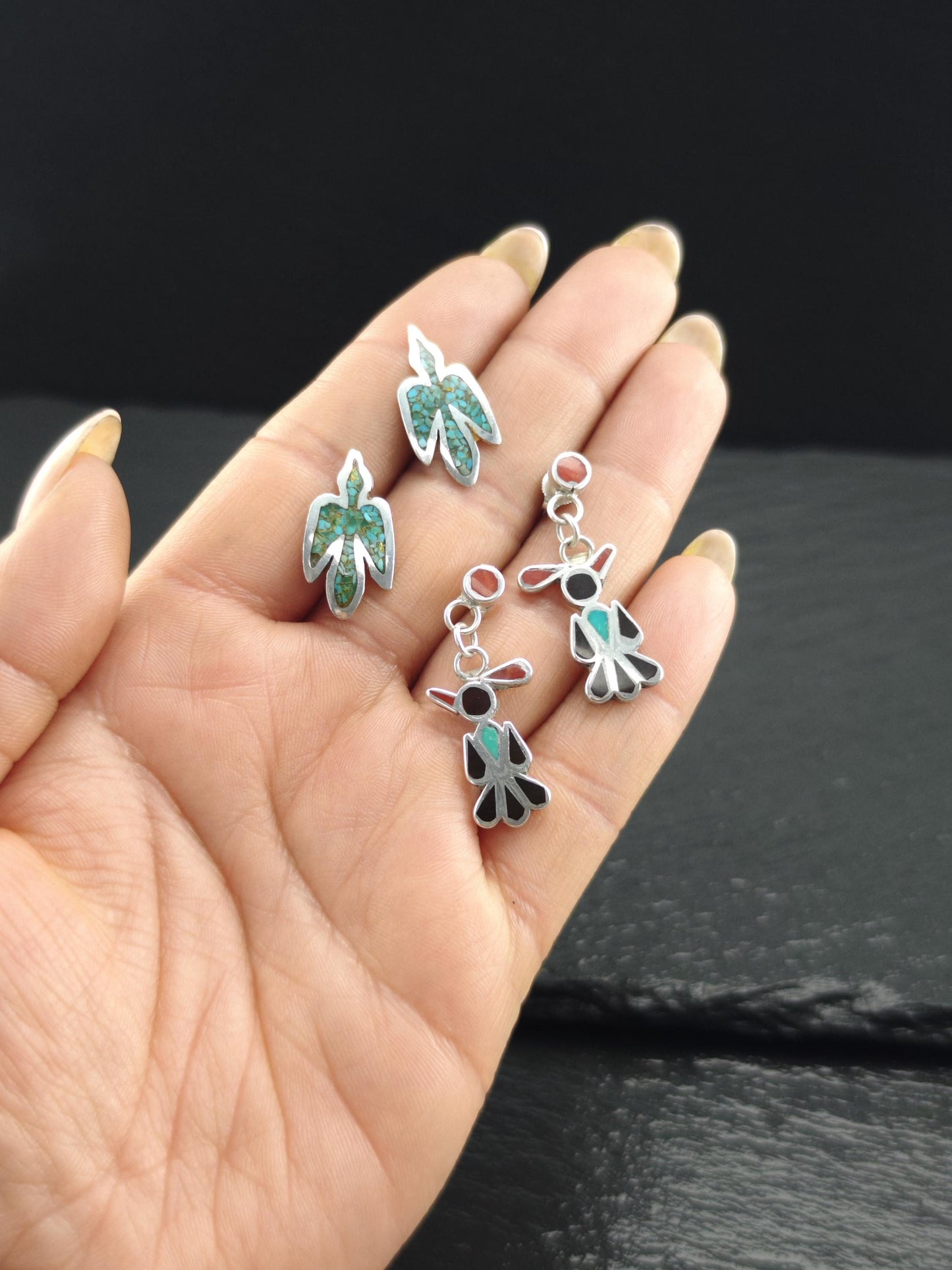 Zuni, Native American Inlay, Turquoise, Coral, Jet Thunderbird Stud/Dangle Earrings Sterling Silver
