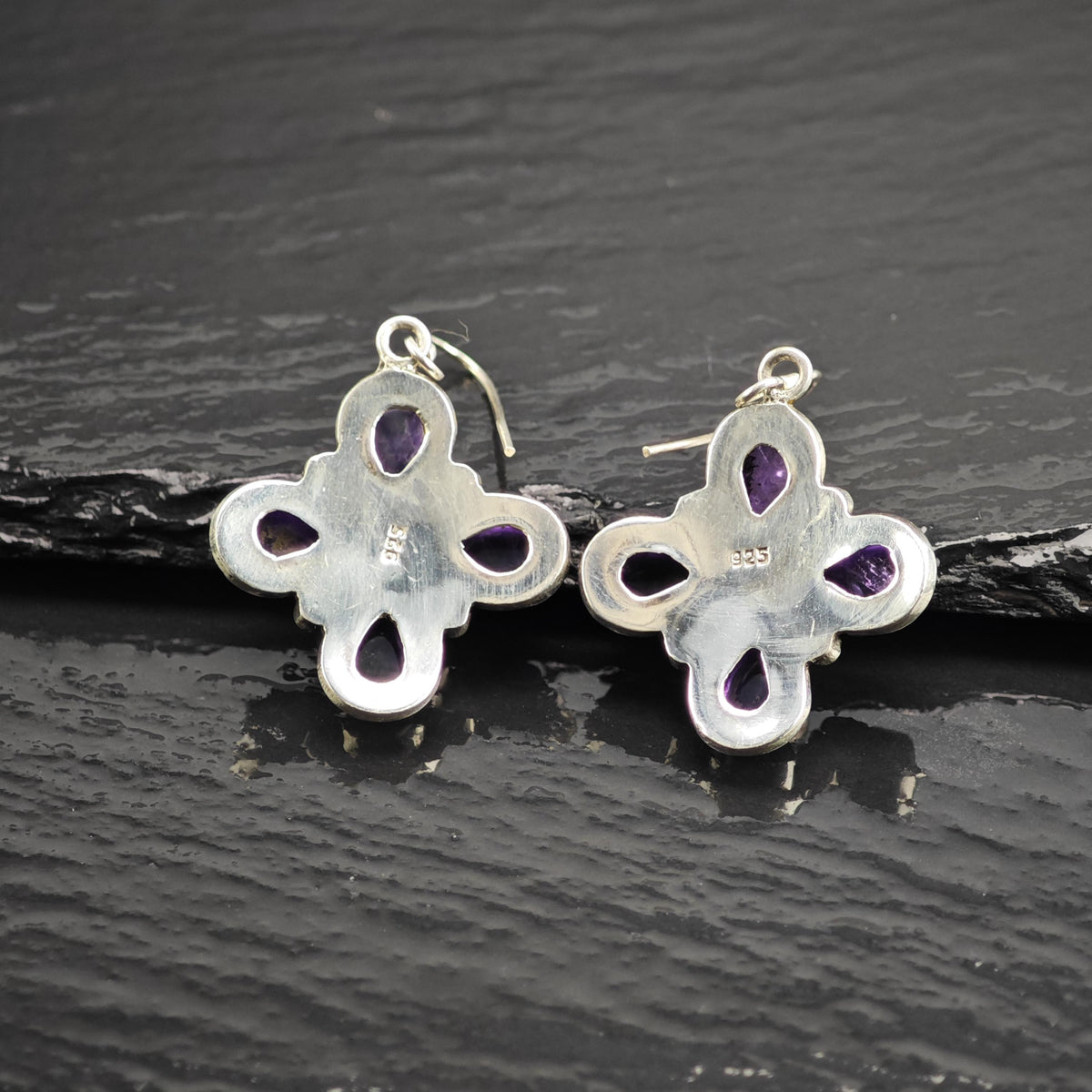 Amethyst Clover Design Dangle Sterling Silver Earrings ER3238