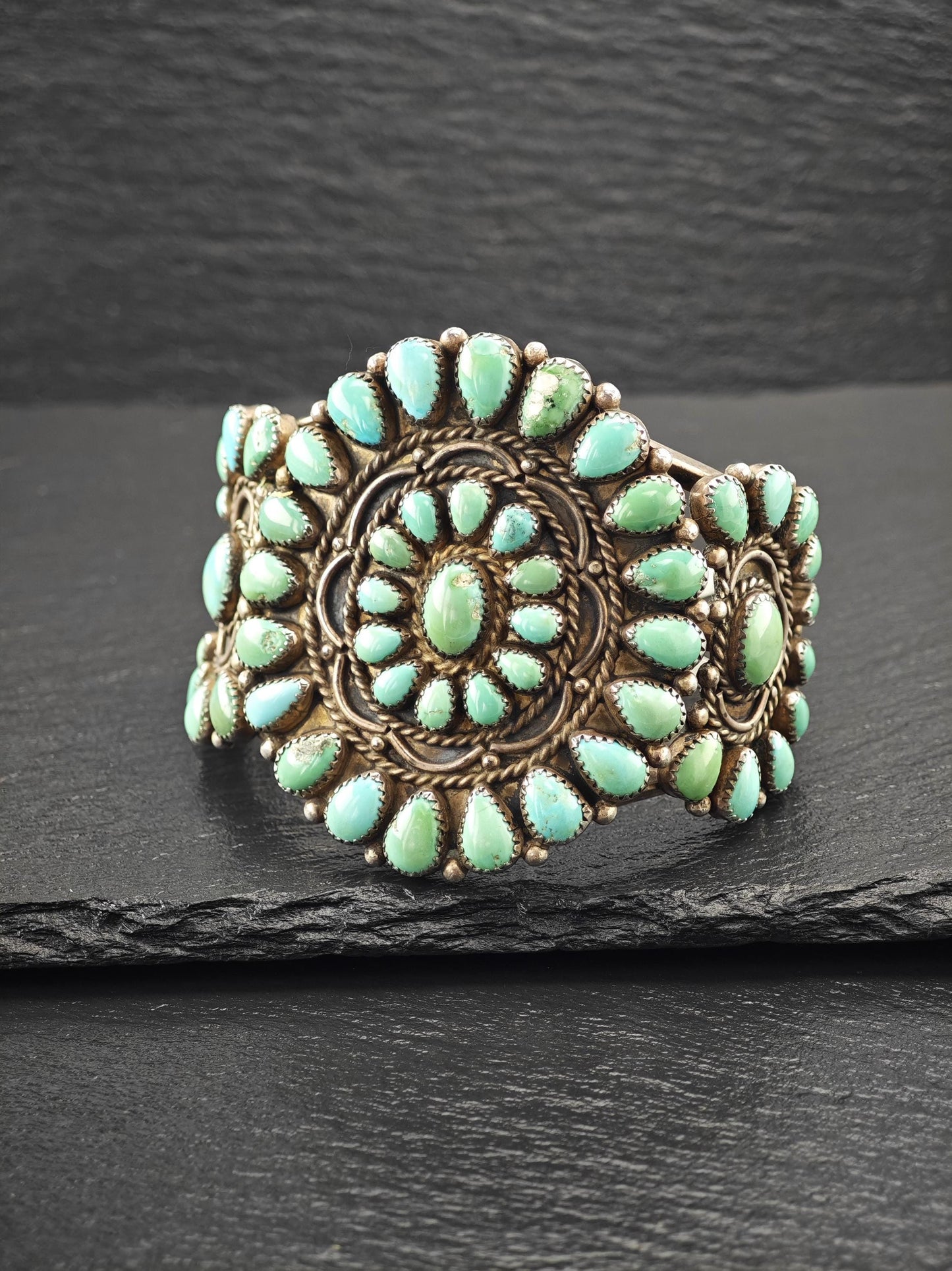 Native American Turquoise Cluster Cuff Bracelet Sterling Silver