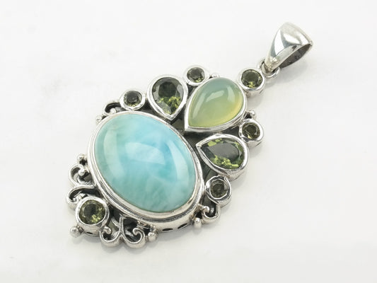 Vintage H&E Larimar, Chrome Diopside Sterling Silver Pendant