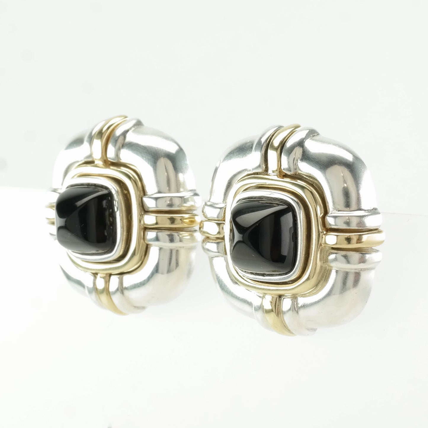 Designer Sterling Silver Black Onyx, 18K Gold Earrings Clip On