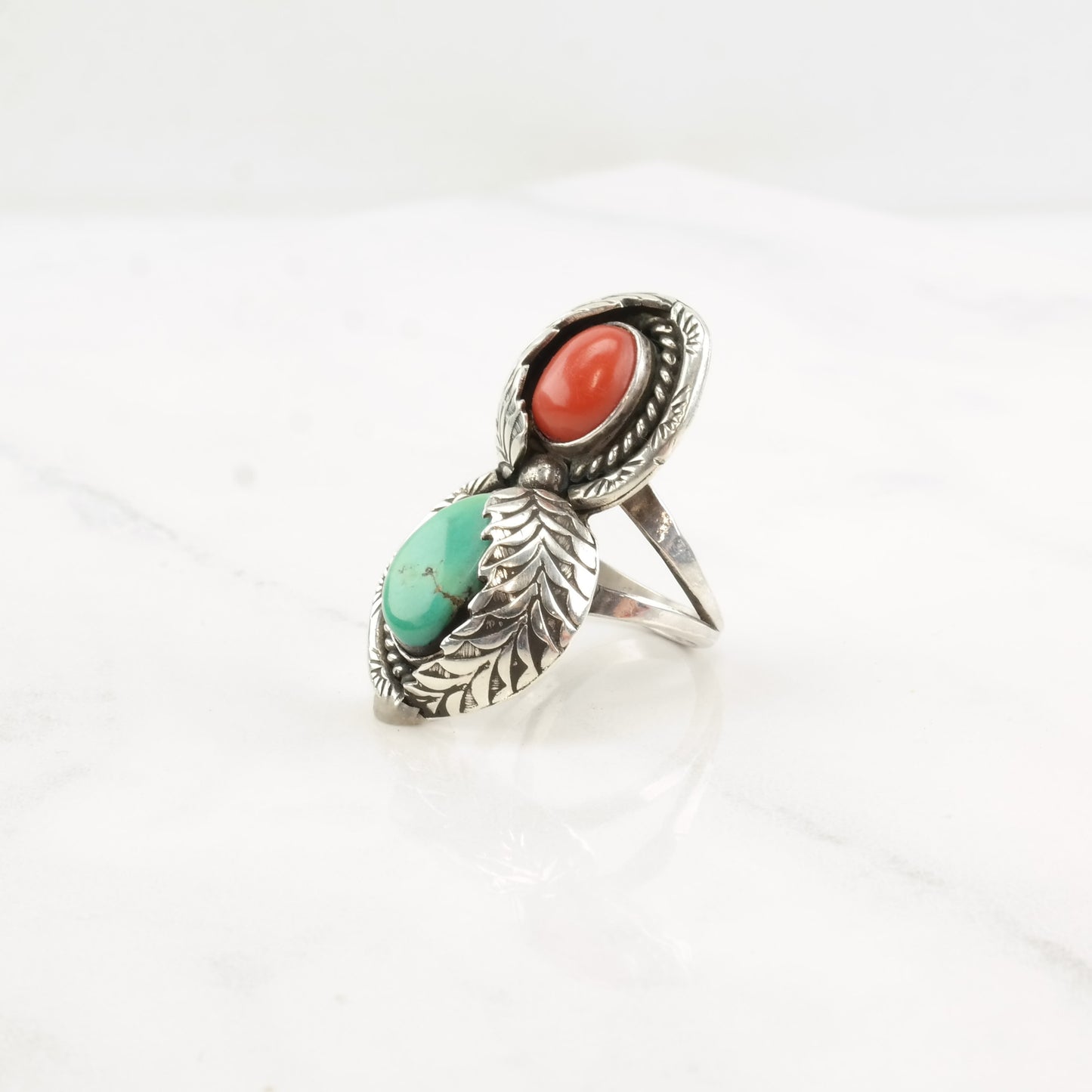 Native American Silver Ring Turquoise Coral Leaf Double Sterling Size 7 3/4