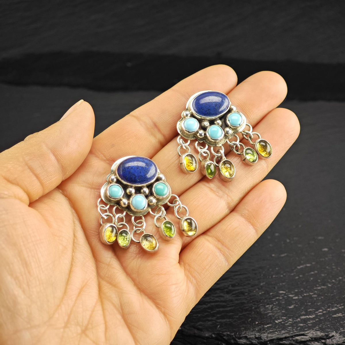 Vintage Navajo Nakai Lapis, Turquoise Stud Sterling Silver Earrings ER3227