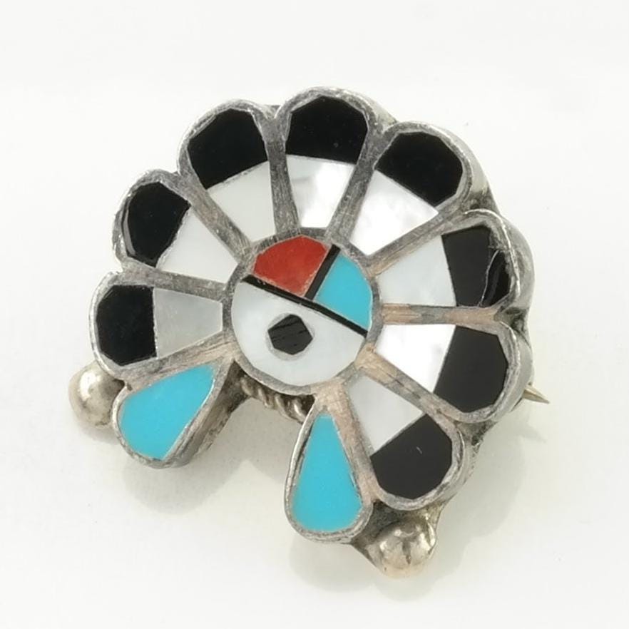 Zuni Sterling Silver Brooch Pendant Inlay Turquoise, MOP, Onyx, Coral