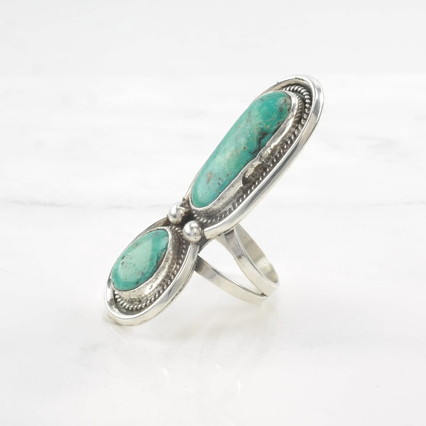 Native American Ring Two Stone, Turquoise Exclamation Point Sterling Silver Size 9