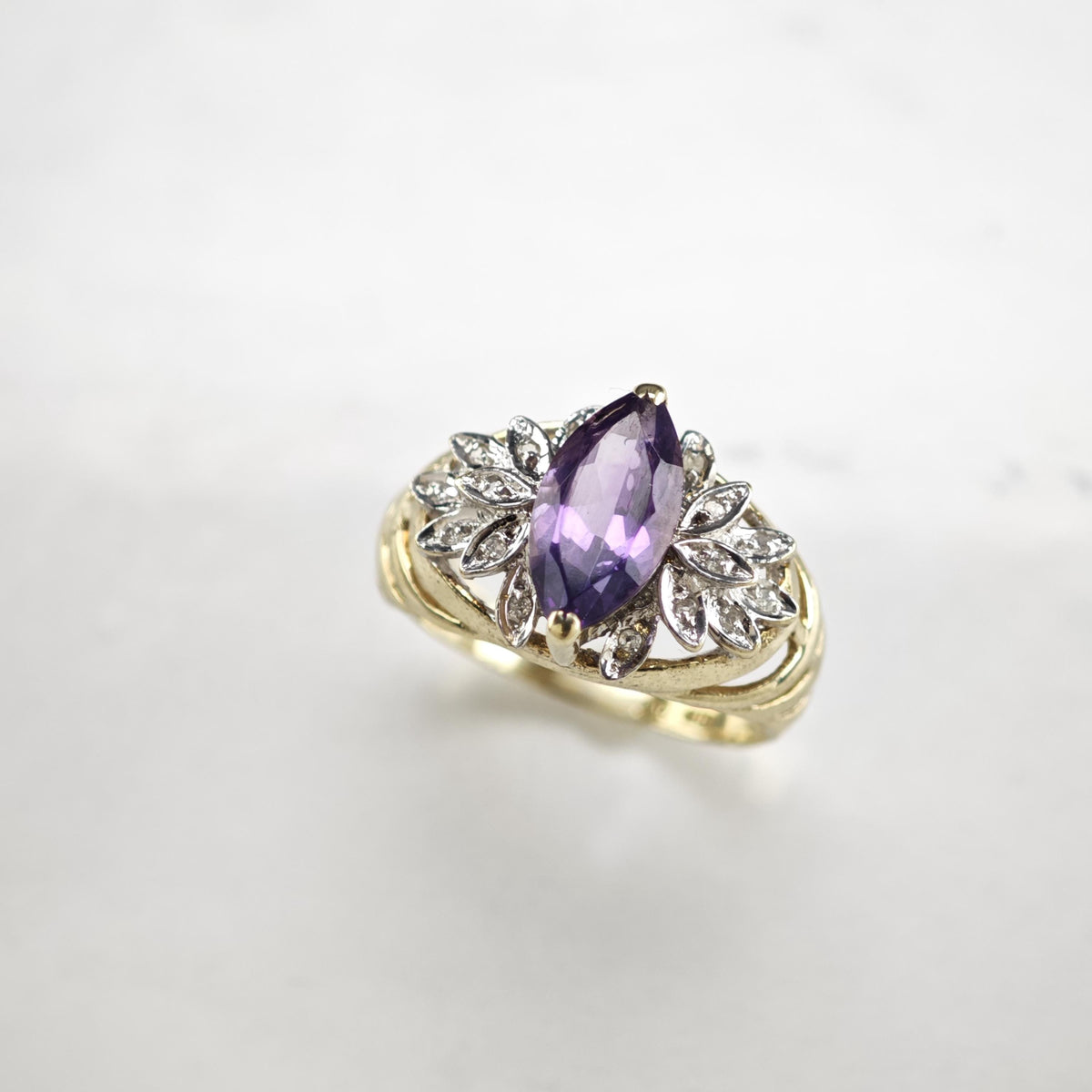 Marquis Amethyst & Diamond 10K Gold Ring Sz 7 1/2 R6771