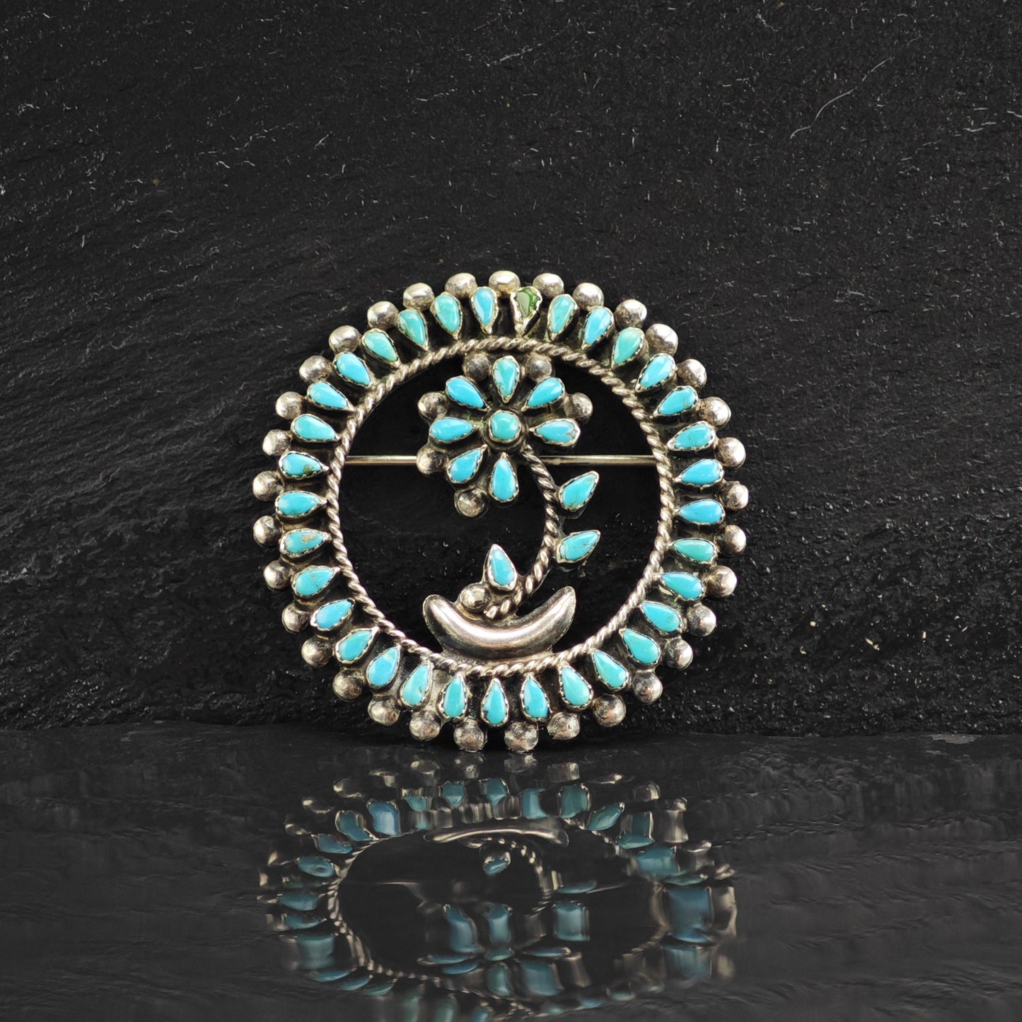 Zuni, Native American Turquoise Cluster Sterling Silver Brooch
