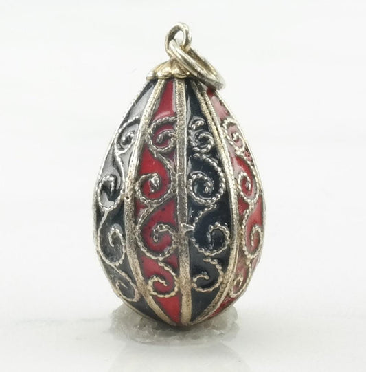 Vintage Sterling Silver Enamel Soviet Russia Egg Red Black Pendant