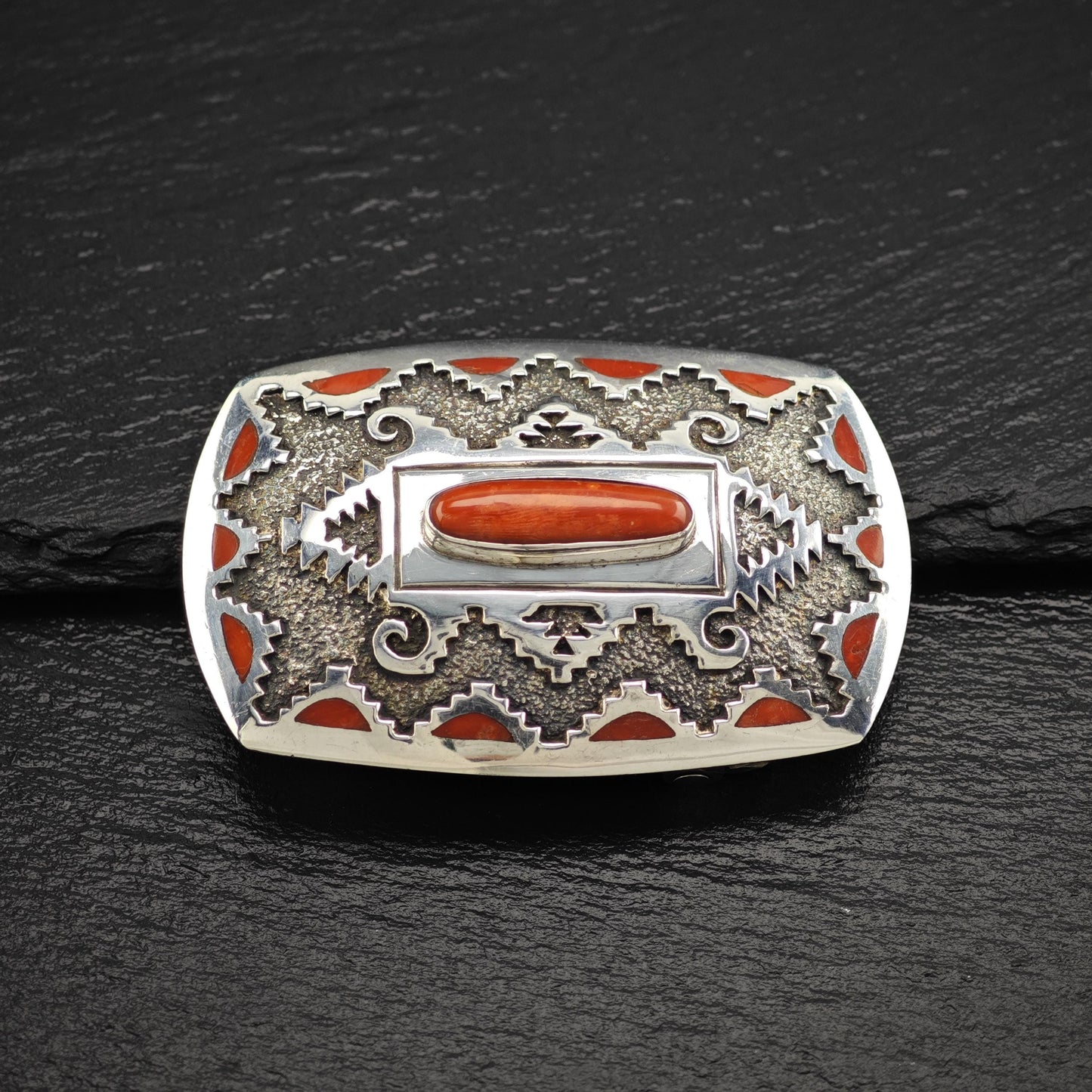 Red Coral Belt Buckle by Michael Perry Sterling Silver Native American Jewelry
