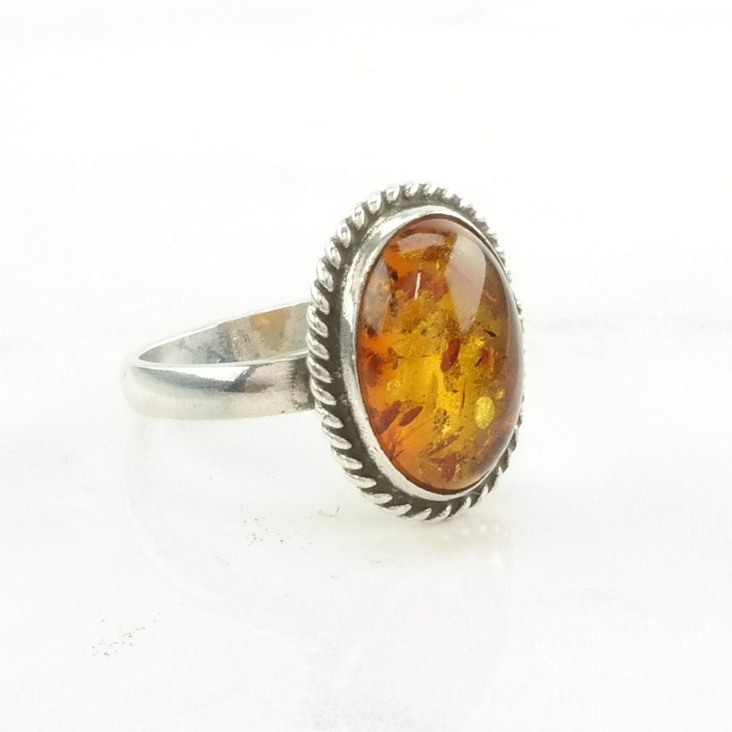 Sterling Silver Ring Amber Rope Detail Orange Size 6 1/2