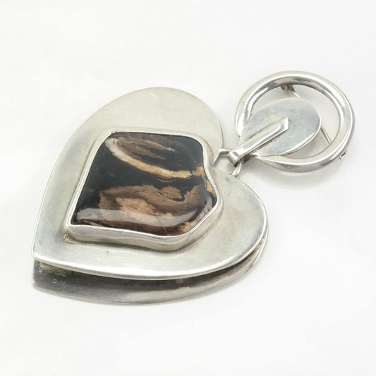 RWW Sterling Silver Brooch Pendant Heart, Bird, Reversible Brown Petrified Wood