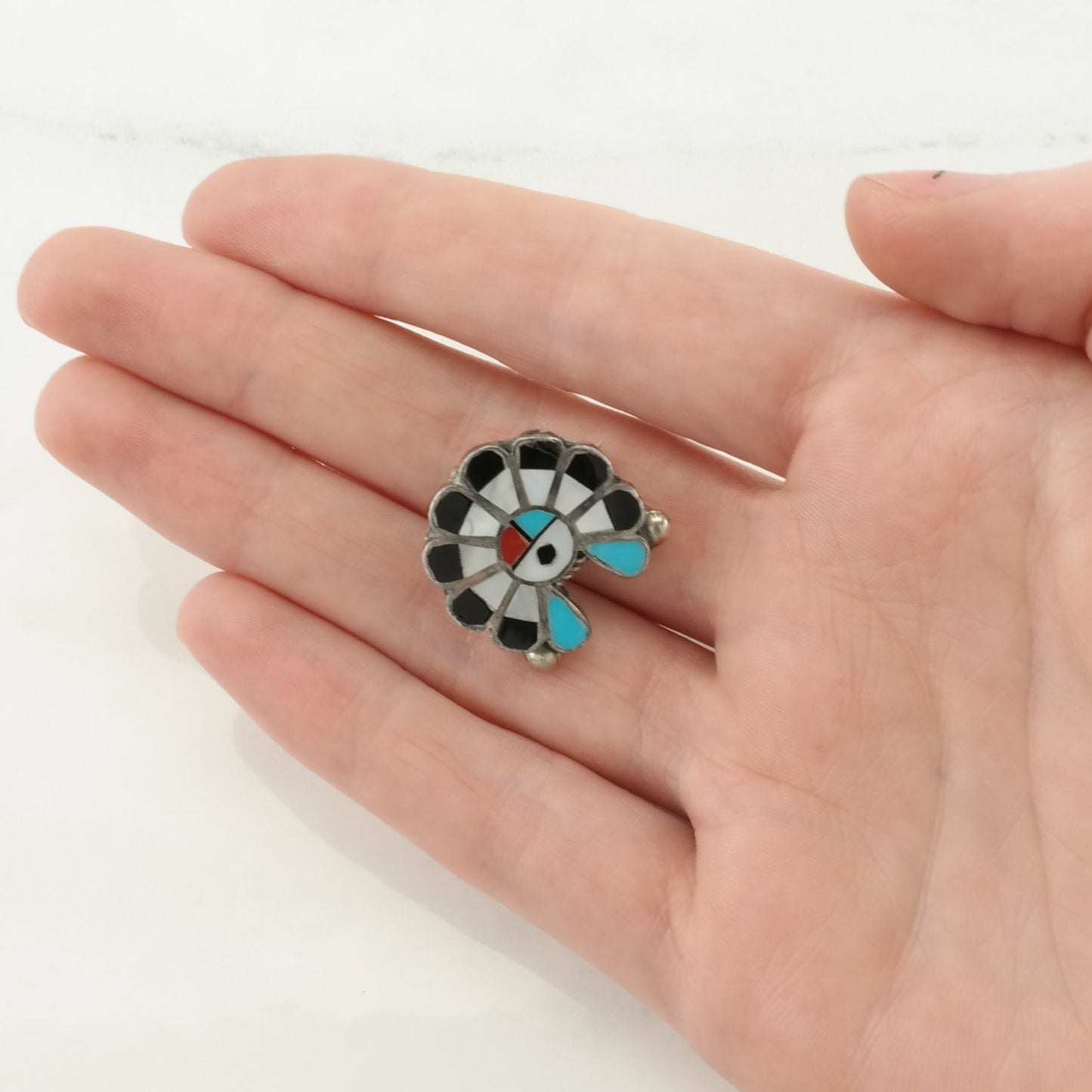 Zuni Sterling Silver Brooch Pendant Inlay Turquoise, MOP, Onyx, Coral