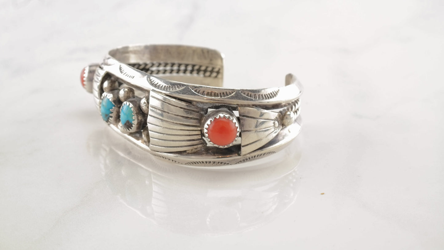 Native American Sterling Silver Cuff Bracelet Blue, Orange Turquoise Coral