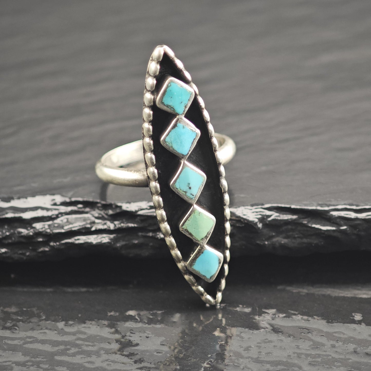 Zuni Square Turquoise Marquis Shape Sterling Silver Ring Sz 5 3/4 R6656