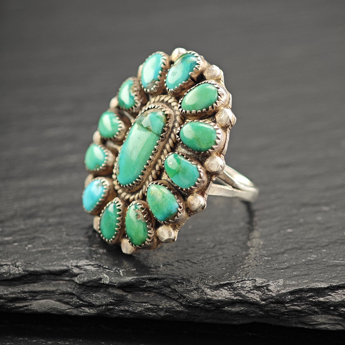 Green Turquoise Cluster Ring Native Sterling Silver R5795