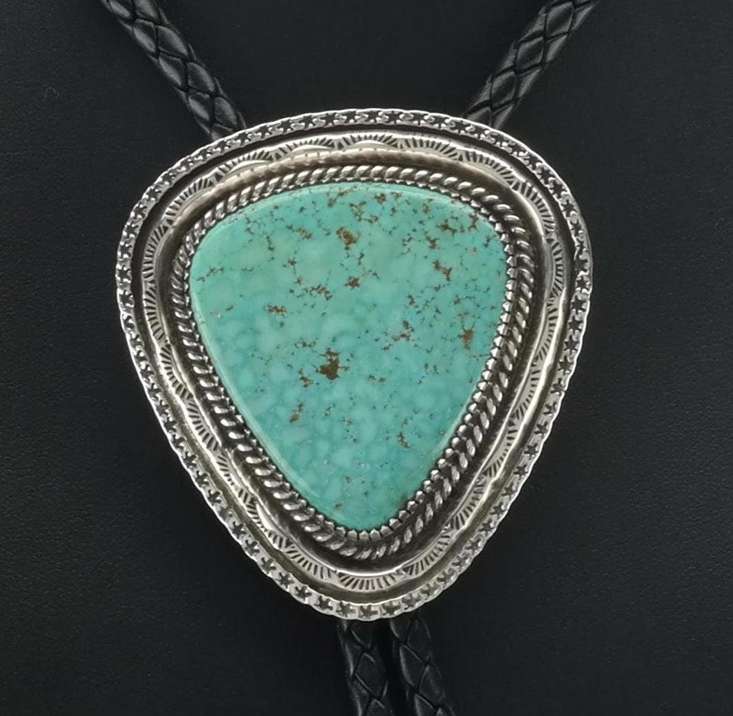 Native Sterling Silver & Kingman Turquoise Bolo Tie, Ca. 1970s N2348