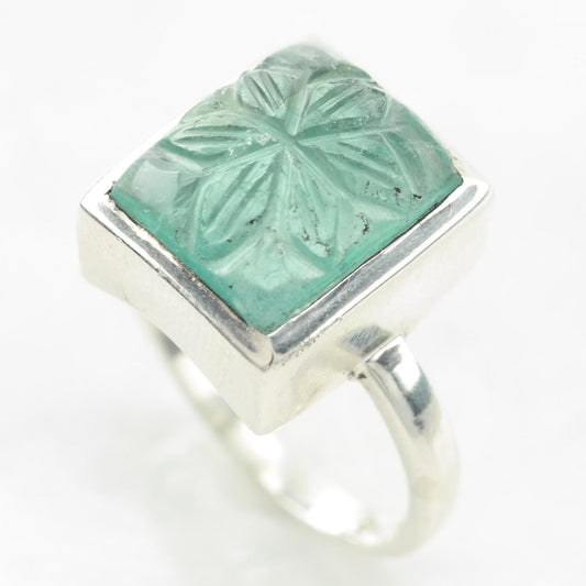 Vintage Carved Emerald Ring Sterling Silver Green Size 7