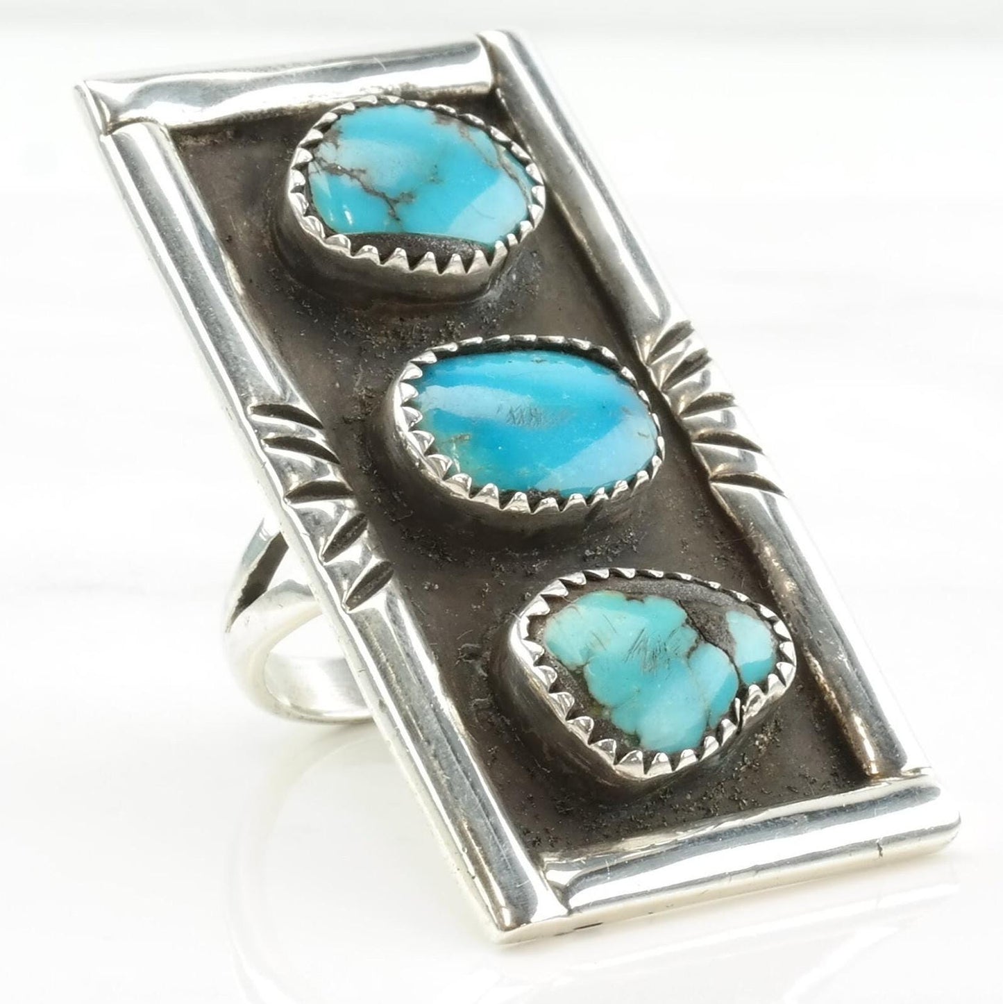 Vintage Native American Silver Ring Turquoise Three Stone Shadowbox Long Rectangle Sterling Size 5 1/4