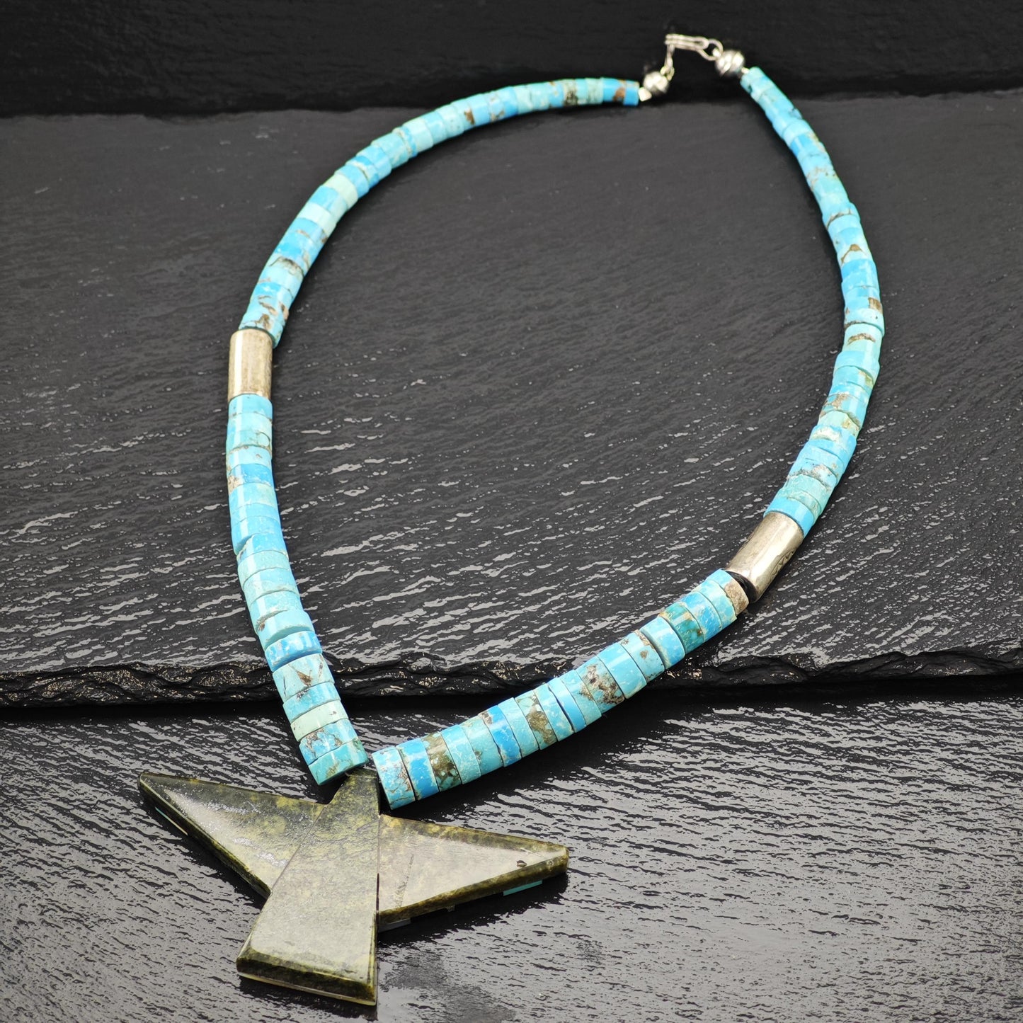 Native American Style Heishi Necklace Turquoise Onyx Graduated Beads 4.9-10.5mm N2665