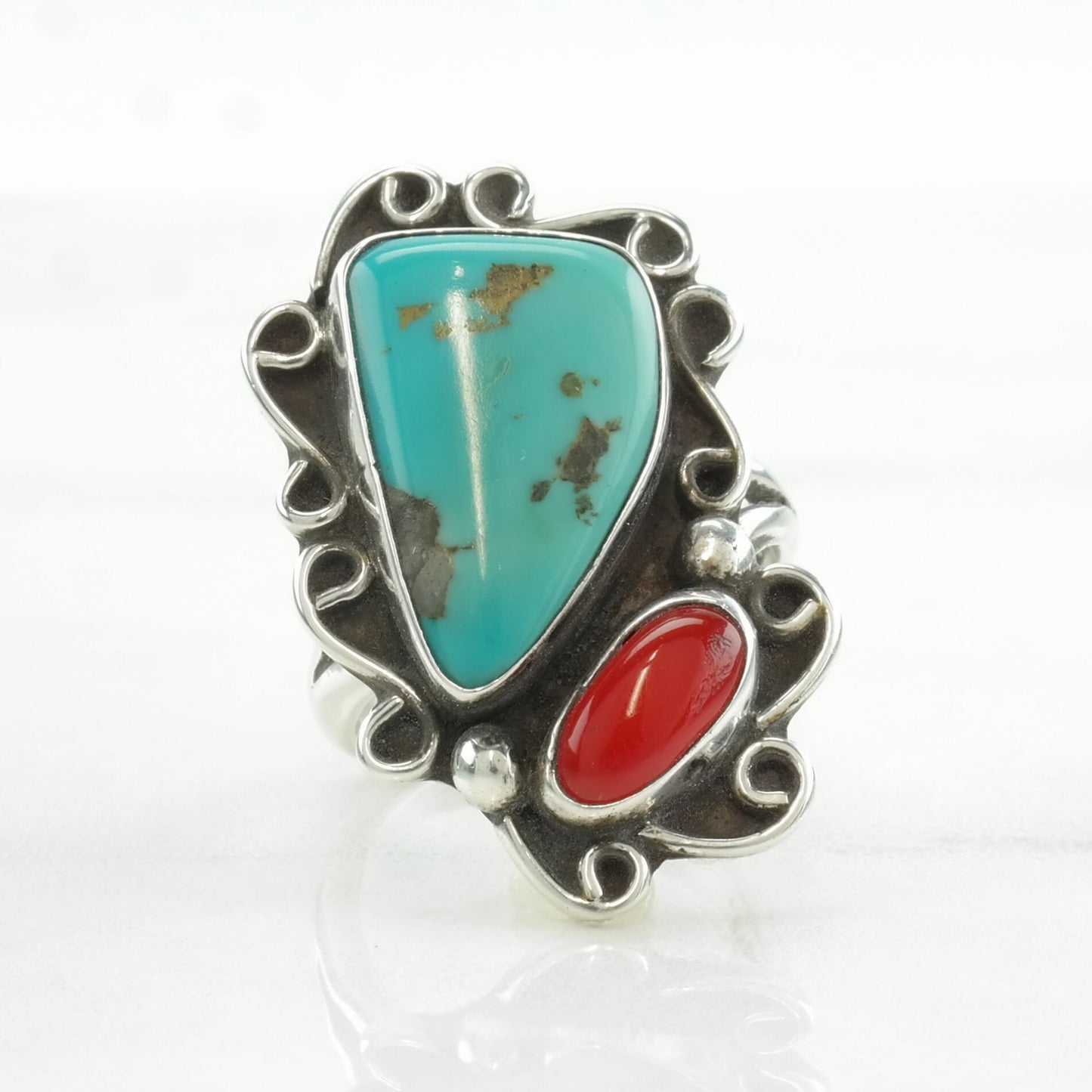 Native American Silver Ring Turquoise, Coral Sterling Size 6 3/4