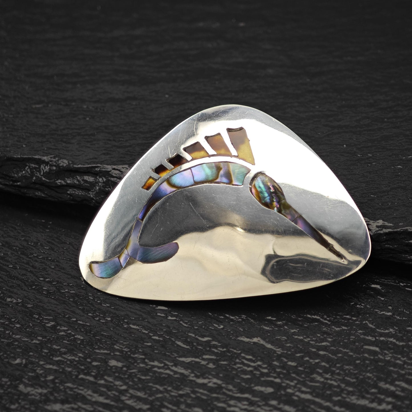 Taxco Sterling Silver Brooch/Pendant: Inlay Multi-color Swordfish B2139