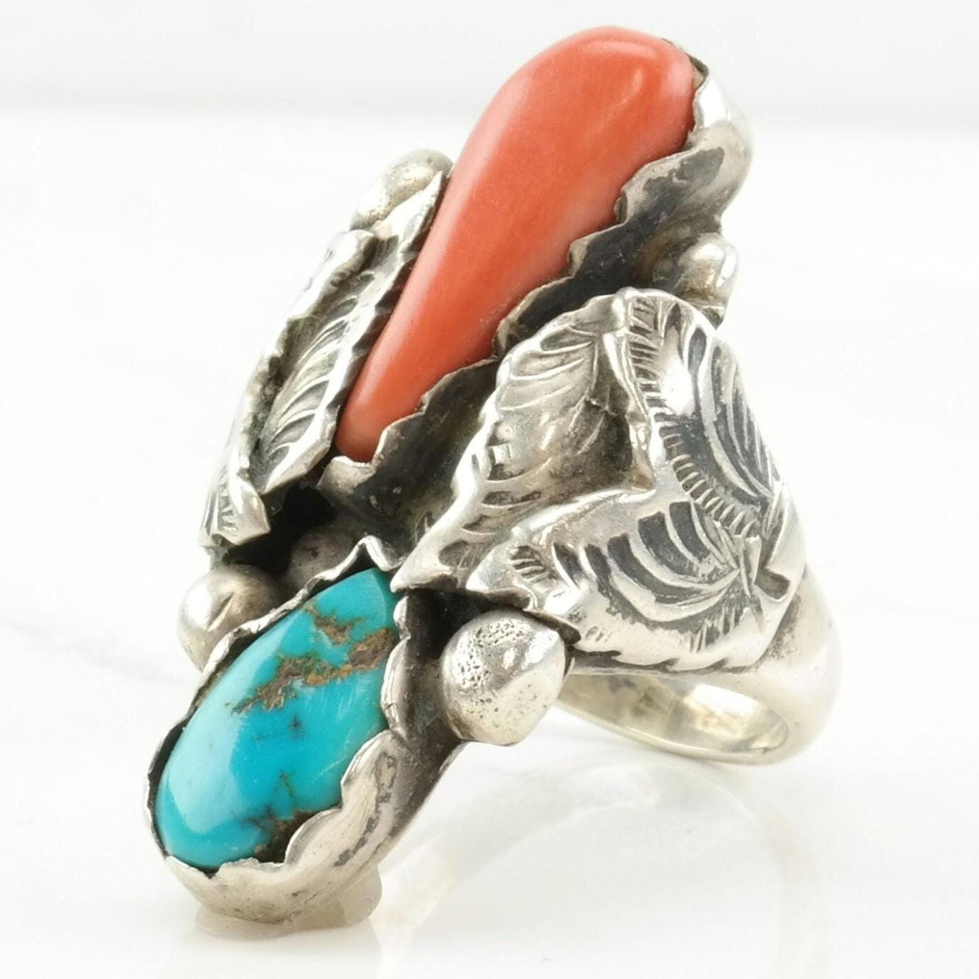 Zuni Sterling Silver Turquoise Coral Ring Native American