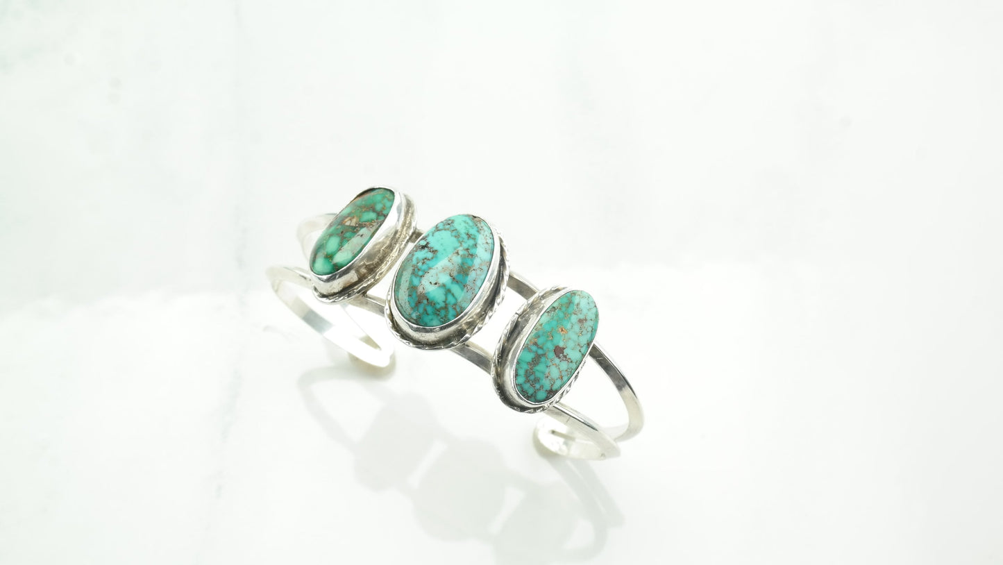 Green Spiderweb Turquoise Native American Sterling Silver Cuff Bracelet Three Stone