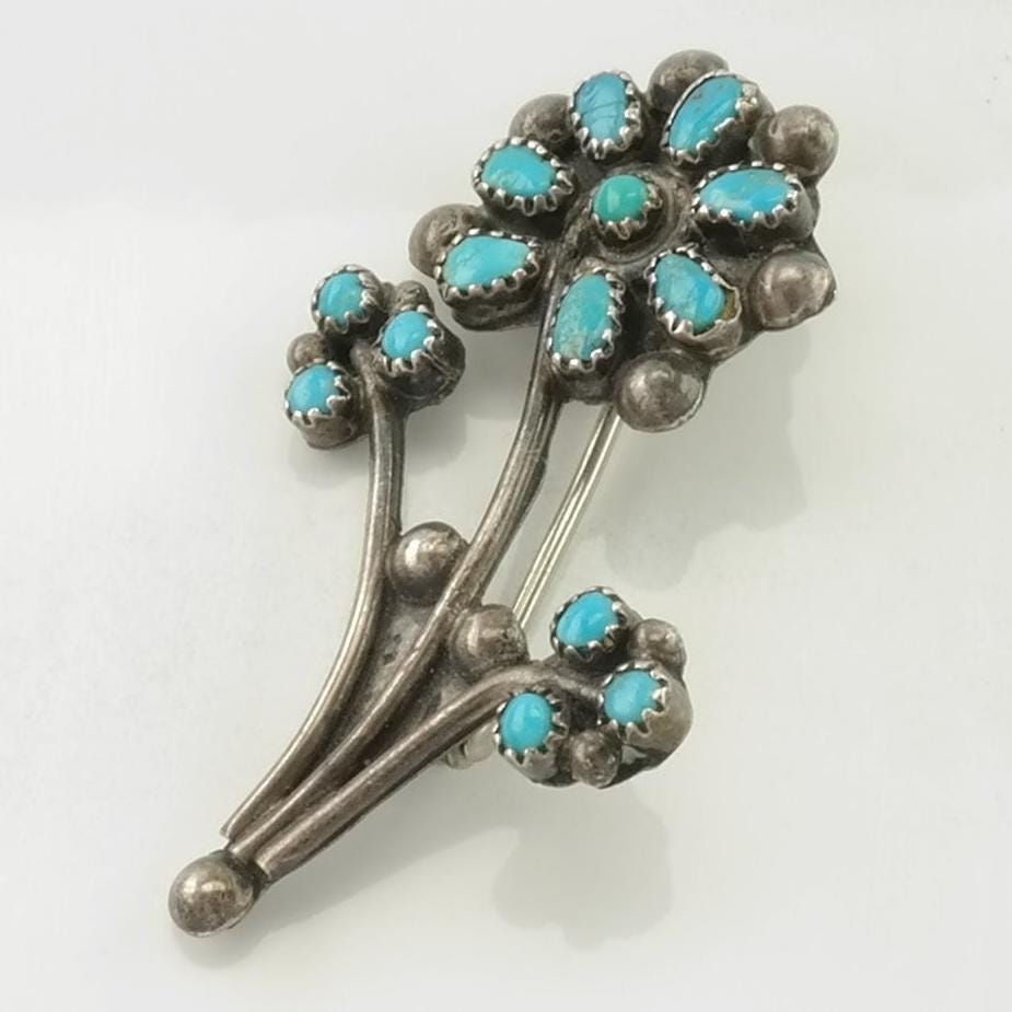 Vintage Zuni Brooch Sterling Silver Flower Blue Turquoise Petite Point