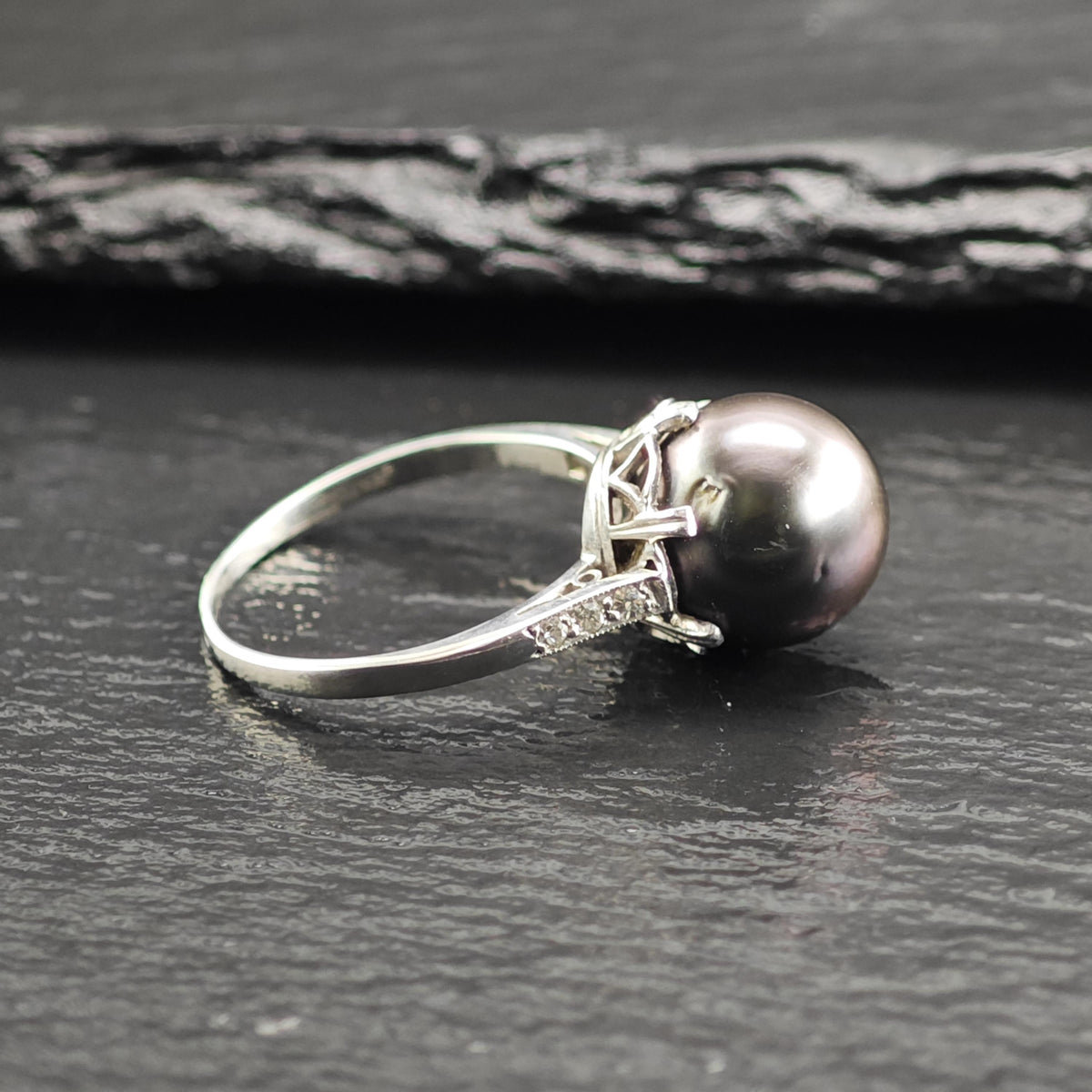Diamond & 11mm Tahitian Pearl Platinum Ring Sz 7 1/2 R6760