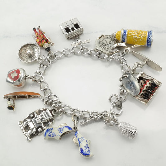 Tourist Enamel 12 Charm Bracelet Vintage Sterling Silver