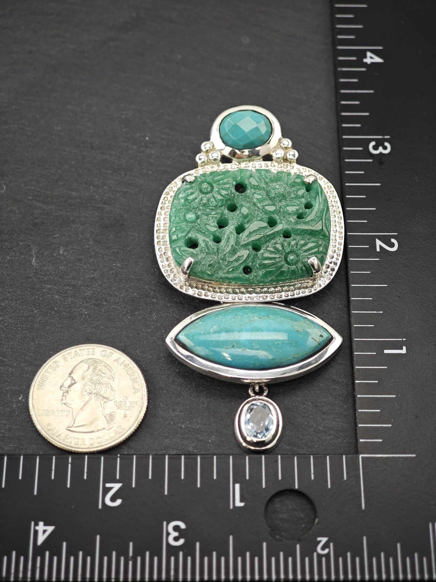 AKR Pendant Turquoise Carved Jade Quartzite Brooch Sterling Silver