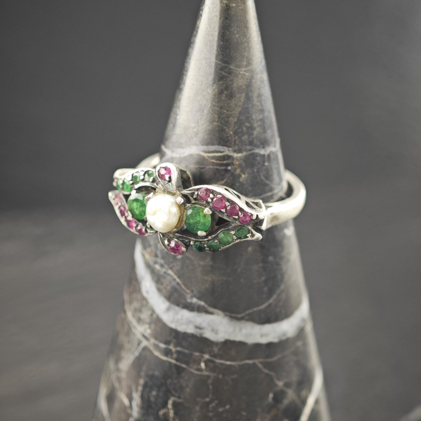 Antique Victorian Emerald Ruby Natural Pearl Ring Sterling Silver Size 6 3/4