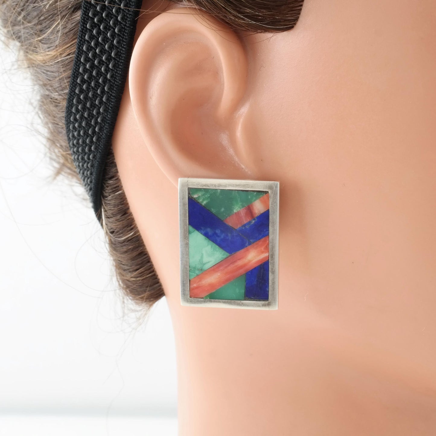 Vintage Native American Inlay Stud Earrings Sterling Silver Turquoise Spiny Oyster Lapis