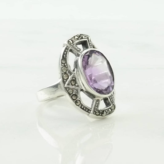 Sterling Silver Ring Amethyst, Marcasite Art Deco Style Purple Size 6 1/2