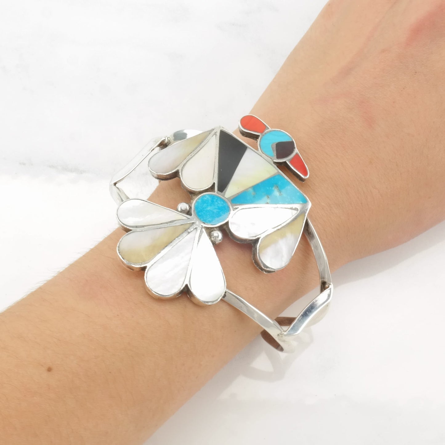 Native American Sterling Silver Cuff Bracelet MOP, Turquoise, Coral, Jet, Thunderbird