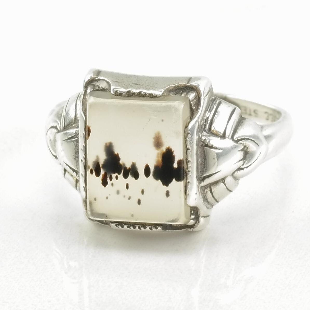 Vintage Sterling Silver Ring Dendritic agate Black, Gray Size 7 1/4